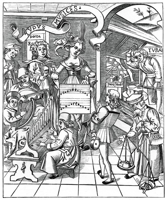 Personification of music, with the auxiliaries, the poet and musicians, 1508, (1870). Artist: Unknown