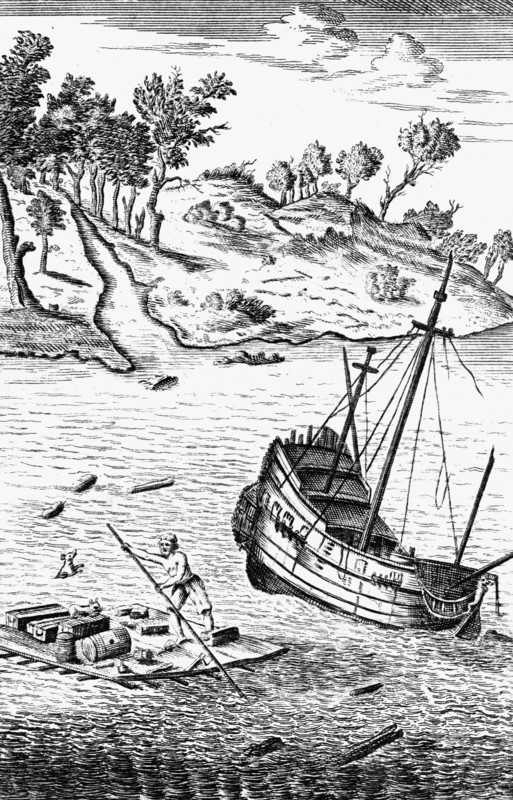'Robinson Crusoe Saving His Goods out of the wreck of the Ship', c1719. Artist: Unknown