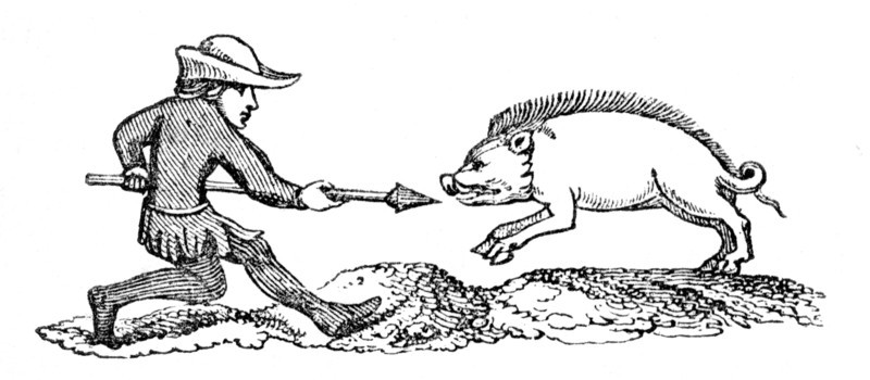 Spearing a Boar, 14th century, (1833). Artist: Unknown