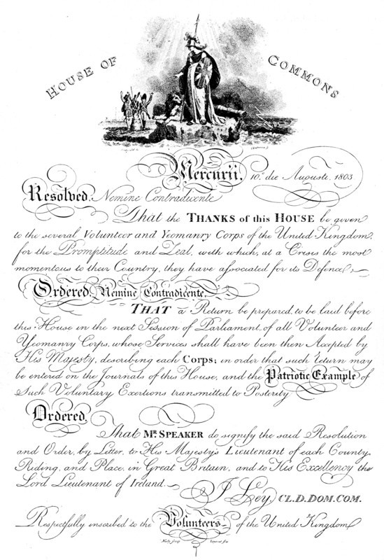 House of Commons resolution conveying thanks to the Volunteer Yeomanry Corps, c1905. Artist: Unknown