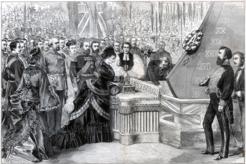 The Princess of Wales launching the new ironclad ship 'Alexandra', 1875. Artist: Unknown