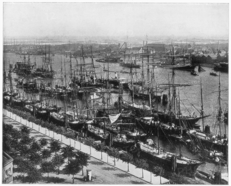 Hamburg harbour, Germany, late 19th century.Artist: John L Stoddard