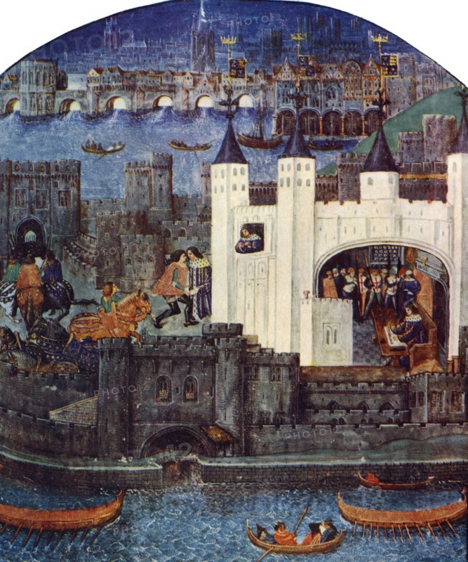 The Tower of London with London Bridge, c1500, (c1900-1920). Artist: Unknown