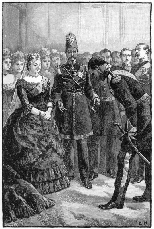 The Shah of Persia presenting his suit to Queen Victoria at Windsor, mid-late 19th century. Creator: Unknown.