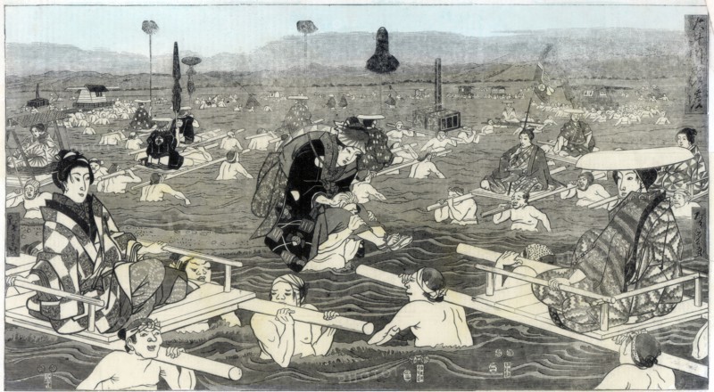 Crossing the Oho-e-ga-wa, in the province of Suraga, 1856. Artist: Unknown