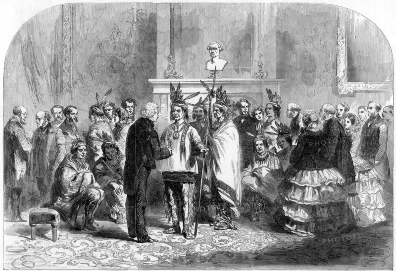 'The president of the United States inducing the hostile tribes to shake hands', 1858. Artist: Unknown