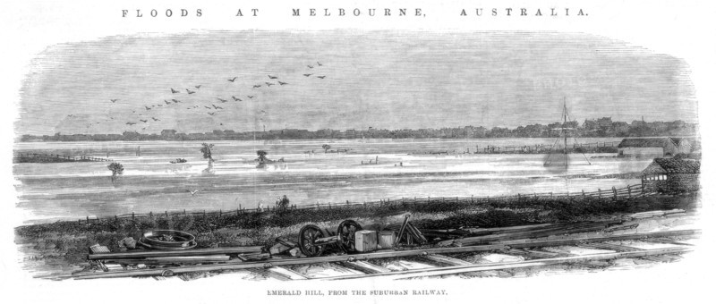 Emerald Hill, from the Suburban Railway - Floods at Melbourne, Australia, 1864. Artist: Unknown