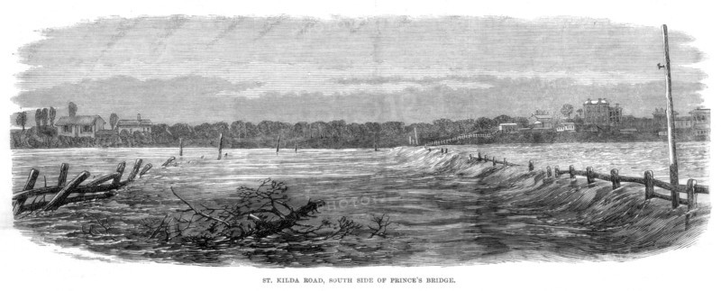 St Kilda Road, south side of Prince's Bridge - Floods at Melbourne, Australia, 1864. Artist: Unknown