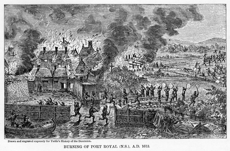 'Burning of Port Royal (Nova Scotia), AD 1613', (1877). Artist: Unknown
