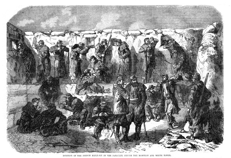 French rifle pit in the parallel before the mamelon and white tower, Sevastopol, Crimean War, 1855. Artist: Unknown