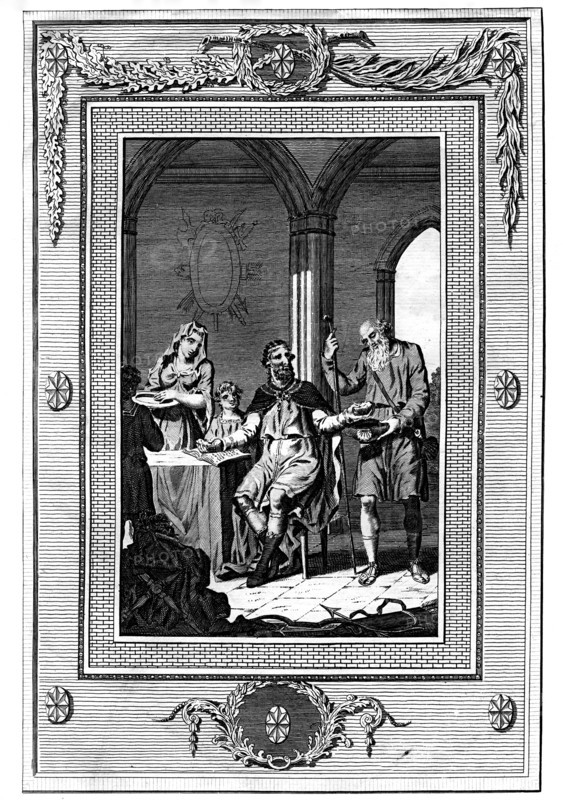 Alfred The Great dividing his loaf with a poor pilgrim, 9th century, (1772). Artist: Unknown
