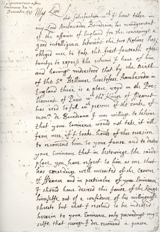 A letter by Oliver Cromwell to Cardinal Mazarin, 4 December 1657, (1899). Artist: Unknown