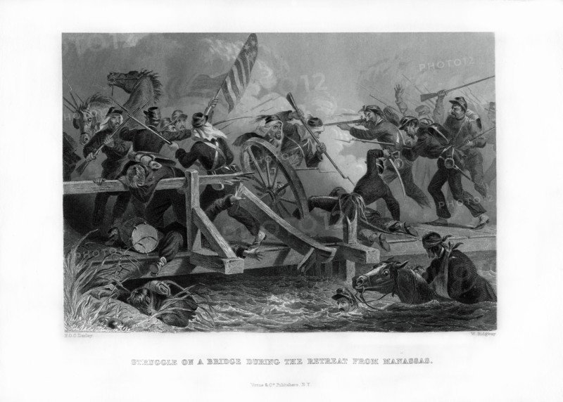 Struggle on a bridge during the retreat from Manassas, Virginia, (1862-1867).Artist: Felix Octavius Carr Darley