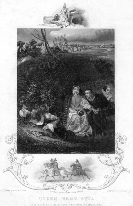 Queen Henrietta, sheltering by a bank from the Parliamentarians, c19th century. Creator: J Rogers.