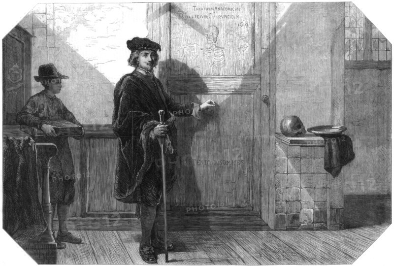 Rembrandt (1606-1669) about to attend an anatomical lecture, 1867.Artist: C Bisschop