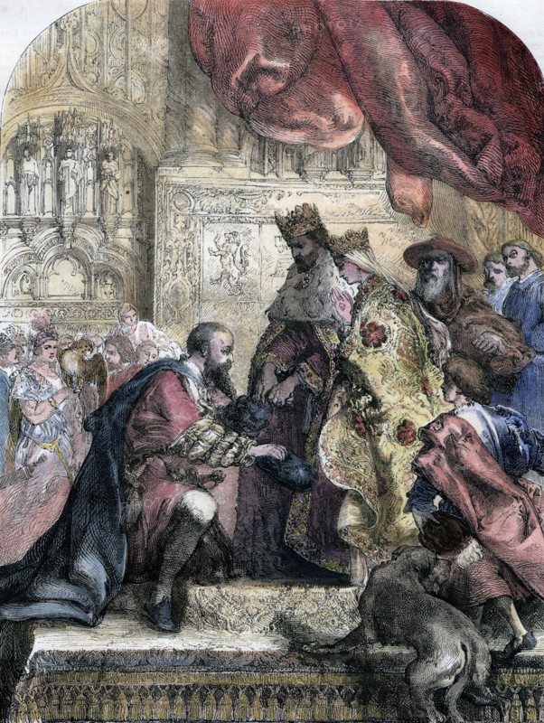 Reception of Columbus by Ferdinand and Isabella, Barcelona, 15th century, (19th century).  Creator: Eugene Deveria.