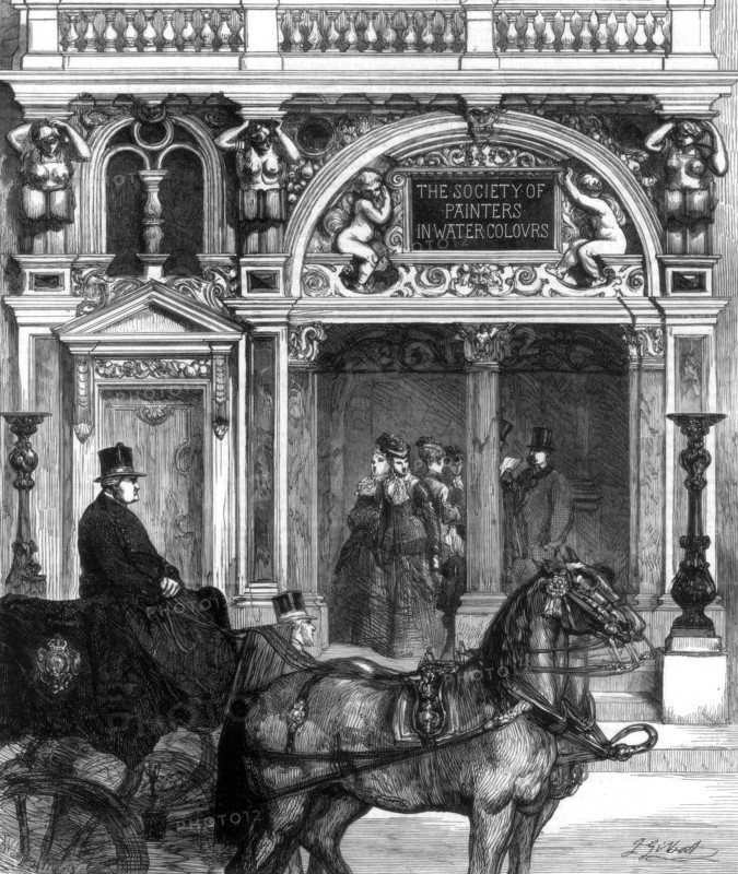 New entrance to the gallery of the Society of Painters, Pall Mall East, London, 1875. Artist: Unknown