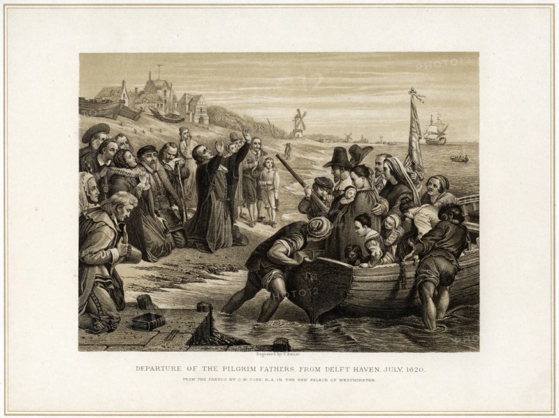 'Departure of the Pilgrim Fathers from Delft Haven, July 1620', (19th century).Artist: T Bauer