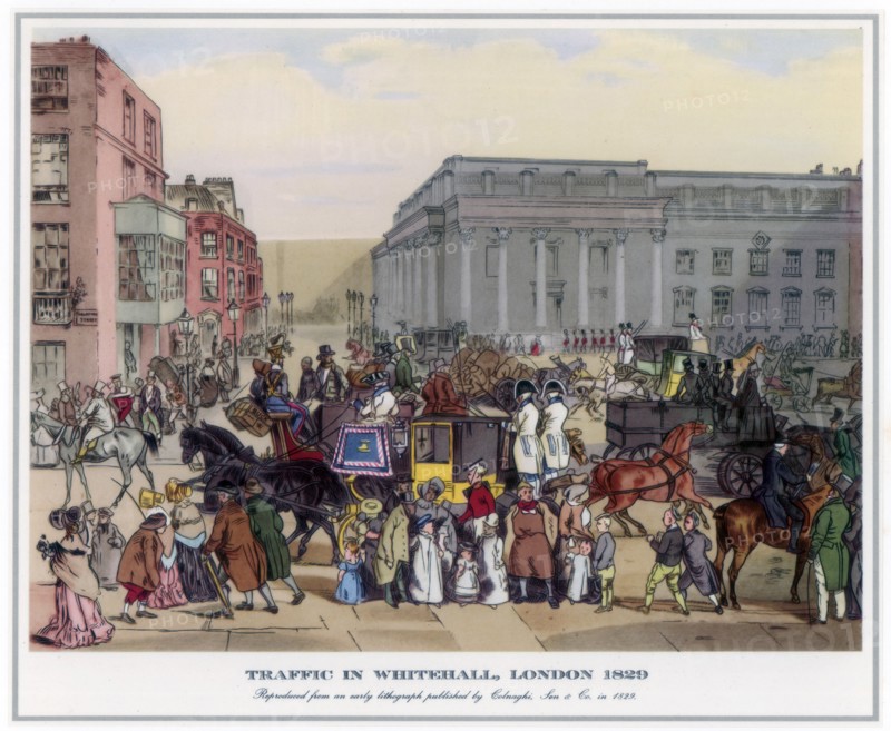 'Traffic in Whitehall, London', 1829. Artist: Unknown