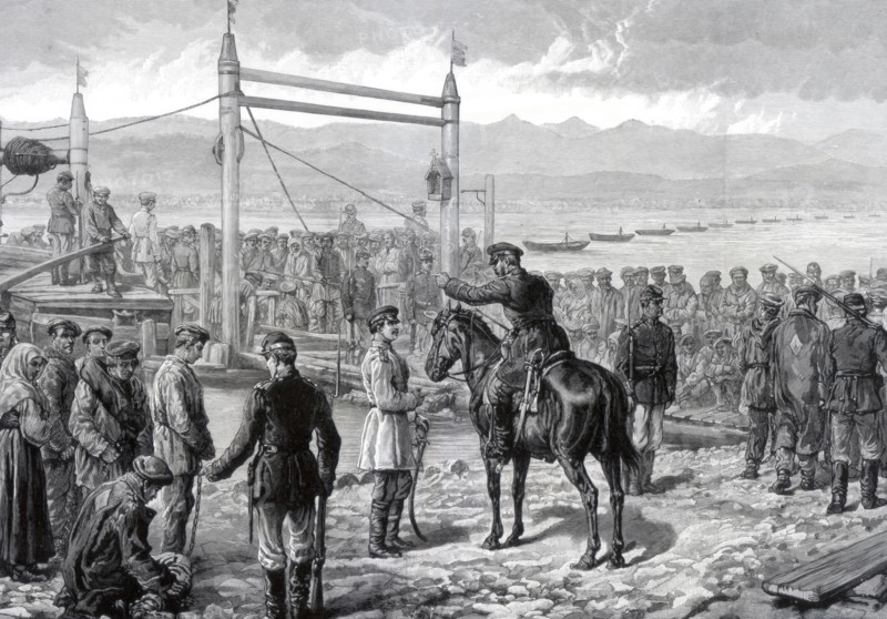 Russian convicts under military escort waiting to be ferried across the river Yenisei, Siberia, 1882 Artist: Unknown
