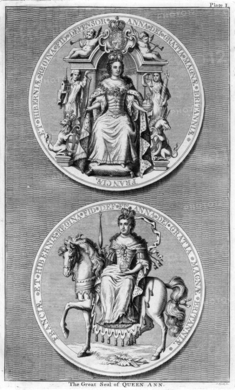 The great seal of Queen Anne of Great Britain.Artist: J Mynde
