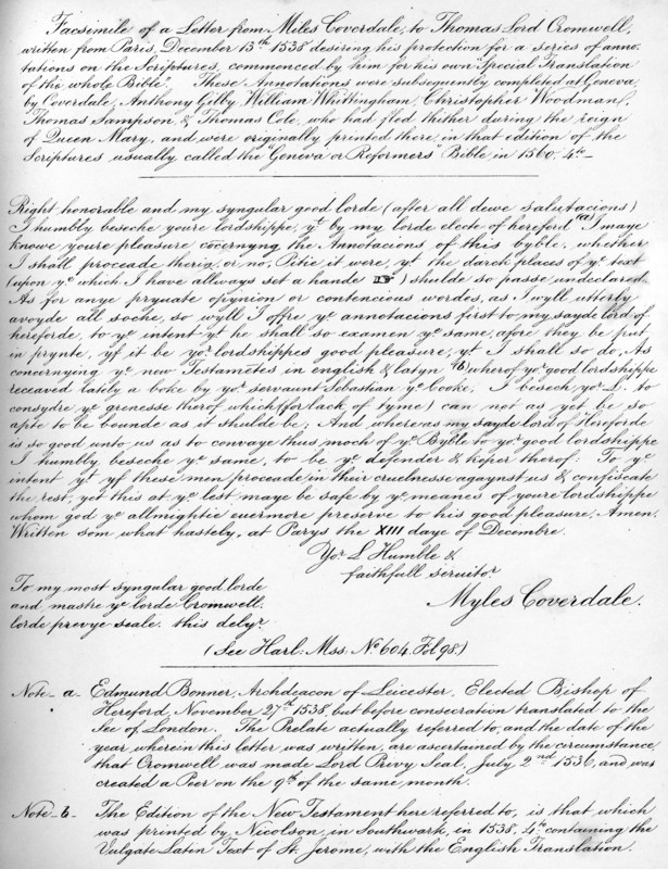 A letter from Miles Coverdale, Bishop of Exeter, to Thomas Lord Cromwell, 1538, (1840).Artist: Miles Coverdale