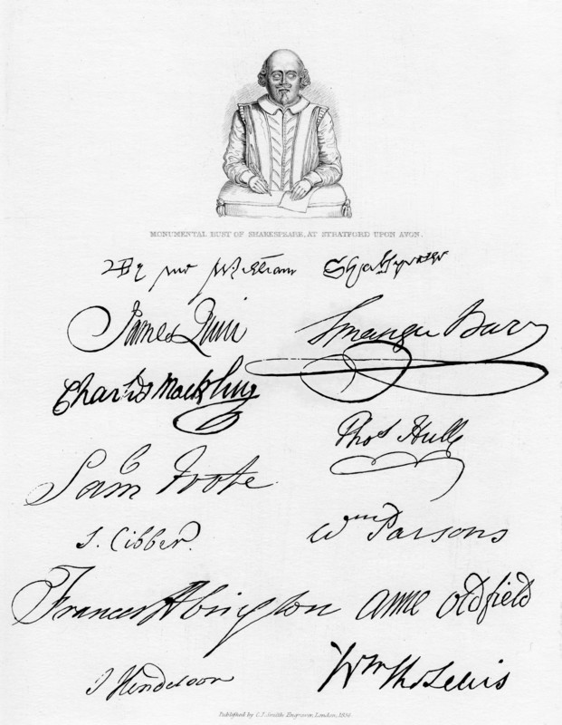 Bust of Shakespeare and signatures of celebrated actors, (1840). Artist: Unknown