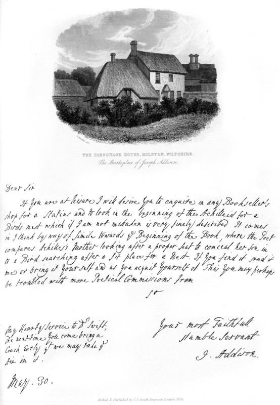 A letter from Addison, and a view of his birthplace, late 17th-early 18th century, (1840). Artist: Joseph Addison