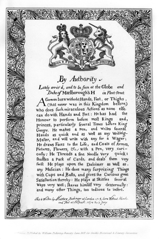 Calligraphic exhibition bill of Matthew Buchinger, 'Dwarf of Nurnburg', 1717, (1840). Artist: Matthew Buchinger
