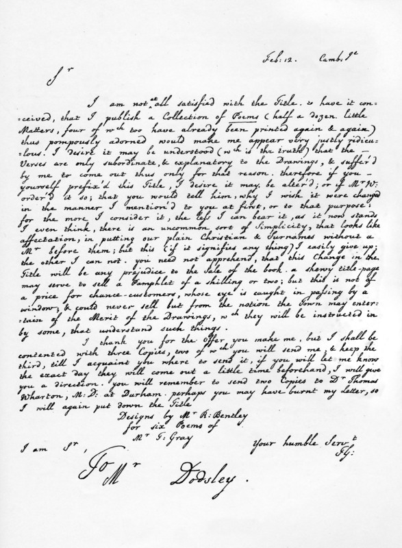 Letter from Thomas Gray concerning the edition of his poetical pieces, c1753, (1840). Artist: Thomas Gray