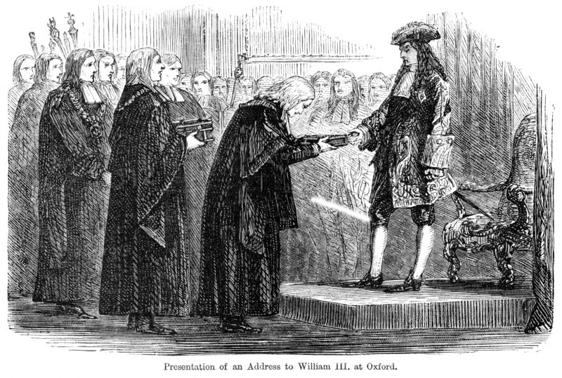 Presentation of an address to William III at Oxford. Artist: Unknown