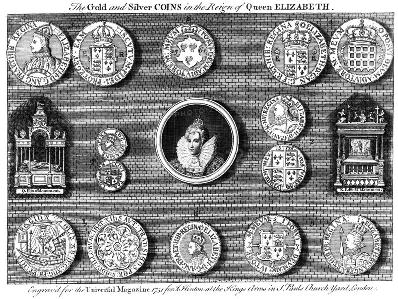 The gold and silver coins in the reign of Queen Elizabeth, 1751. Artist: Eldridge
