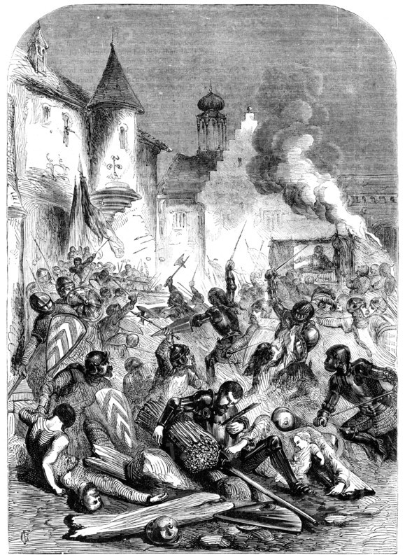 Combat between English and French knights in a square at Limoges. Artist: Unknown