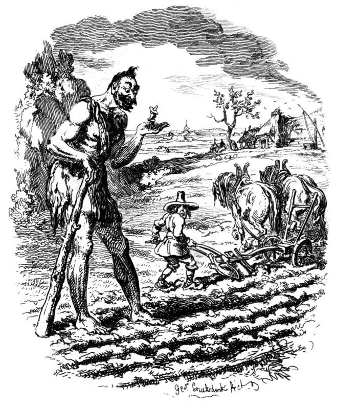 A giant stands in a field as a farmer ploughs, 19th century.Artist: George Cruikshank