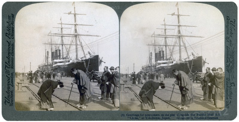 Greeting for newcomers on the pier alongside the Pacific Mail SS 'China', Yokohama, Japan, 1904.Artist: Underwood & Underwood