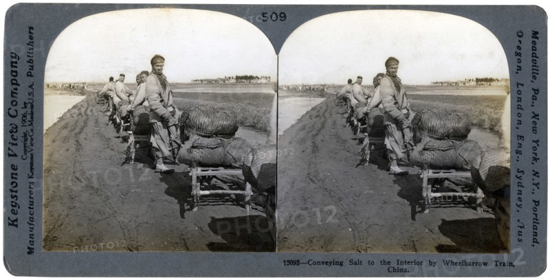 Conveying salt to the interior by wheelbarrow train, China, 1906. Artist: Keystone