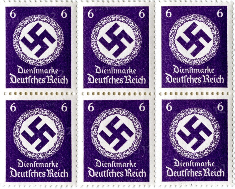 Set of postage stamps featuring a swastika emblem, 1941-1942. Artist: Unknown