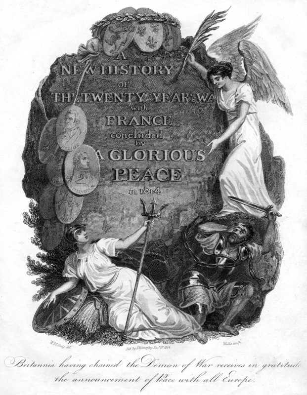 Britannia having chained the demon of war, 1816.Artist: T Wallis