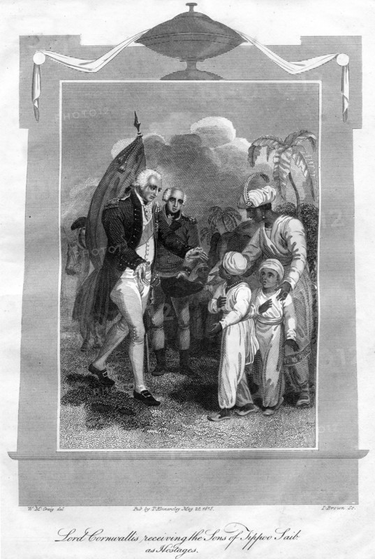 Lord Cornwallis (1738-1805) receiving the sons of Tippoo Saib as hostages, 1816.Artist: I Brown