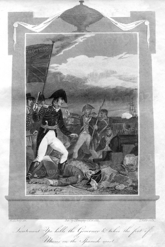 Lieutenant Yeo kills the governor and takes the fort of Muros on the Spanish coast, 1816. Artist: T Wallis