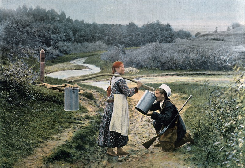 A hunter takes a drink from a young woman, Russia, c1890. Artist: Gillot