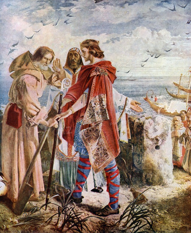 Egfrith offering the Bishopric of Hexham to Cuthbert, 678, (c1920). Artist: William Bell Scott