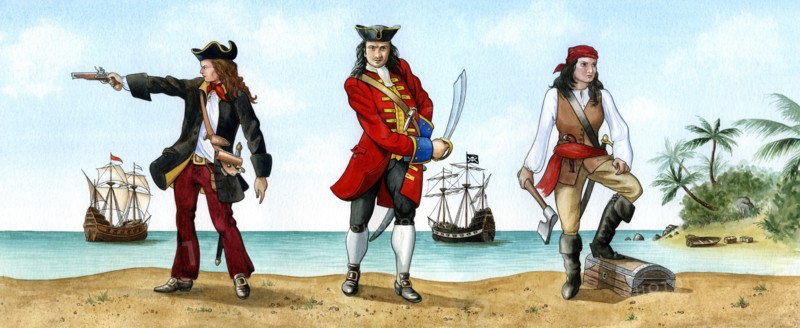 Anne Bonny, John 'Calico Jack' Rackam and Mary Read, 18th Century Pirates.Artist: Karen Humpage