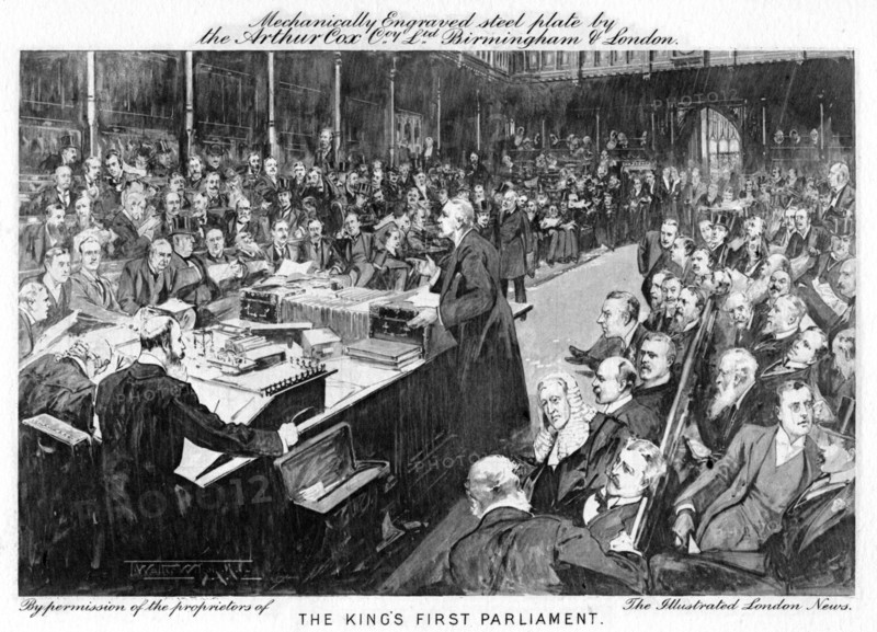 'The king's first parliament', 1902-1903. Artist: Arthur Cox Illustrating Co