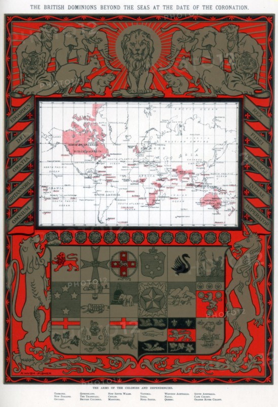 The British dominions beyond the seas at the date of the coronation, 1902. Artist: Alfred Hugh Fisher