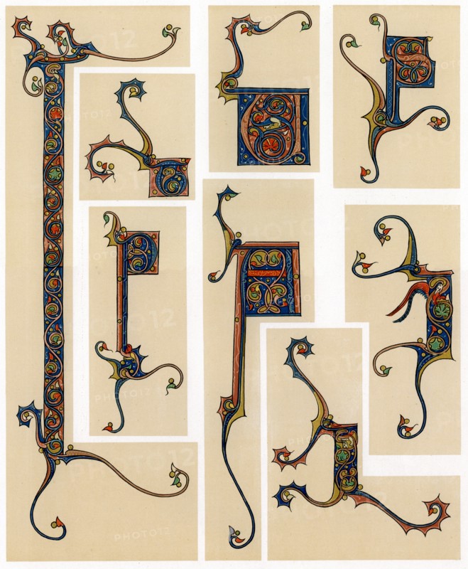 Illuminated initial letters, 13th century. Artist: Unknown