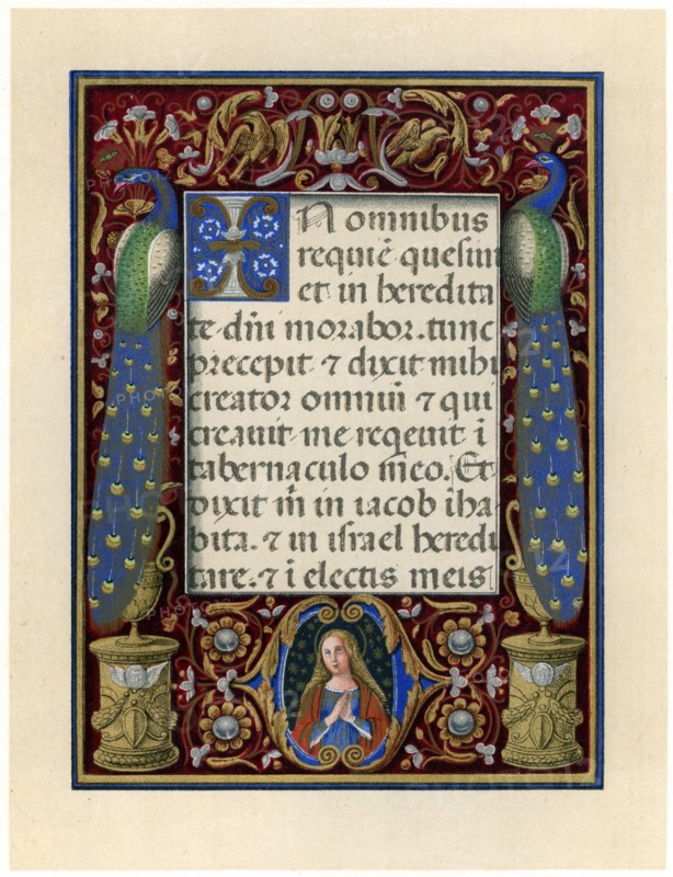 Text page with the Virgin and two peacocks, c1490. Artist: Unknown