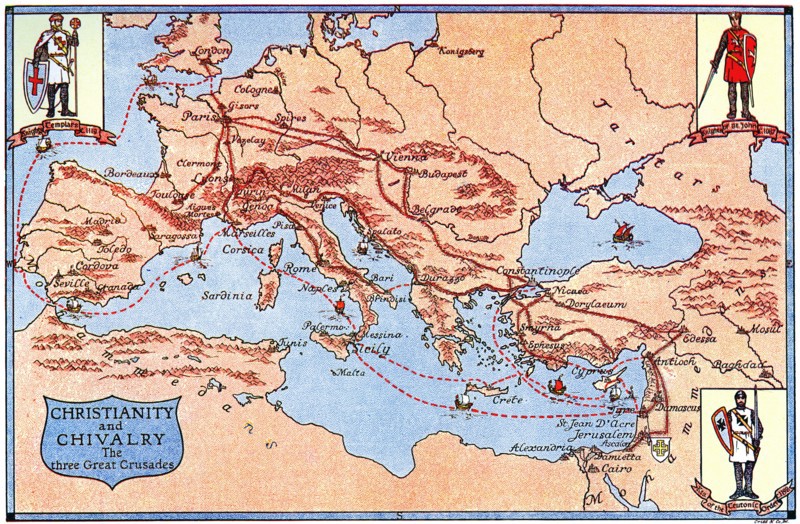 Map of the routes of the three great crusades, 1926.Artist: Criss