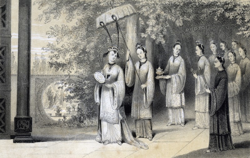 'The empress and her attendants proceeding to the temple from the mulberry grove', 1847.Artist: JW Giles