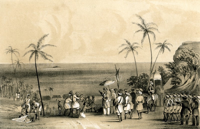 'The merchants of Calicut seized and chained to a barren rock by order of Tippoo Saib', (1847). Artist: Unknown